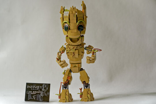 Groot Lego sculpture I am groot from Guardians of the Galaxy universe against white background. Photo taken June 22nd, 2023, Zurich, Switzerland.