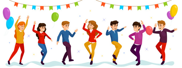 Banner of a happy team celebrating their success at work with confetti, flags and balloons. Young employees cheer and dance after achieving a goal on white background. Cartoon vector illustration.