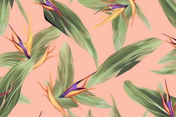 trendy colorful tropical flower orange seamless jungle pattern pink leaf. Generative AI.