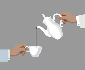 Coffee theme in a flat style. The hands of men with a coffee pot and a coffee cup. Vector illustration