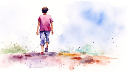 少年が歩く後ろ姿の水彩イラスト　Generative AI - obrazy, fototapety, plakaty
