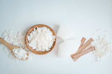 Eco set for candle making, flat lay top view, copy space