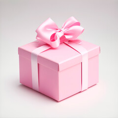 Fototapeta premium Una caja de regalo rosa con un lazo sobre un fondo gris claro. Vista superior y de cerca. Copy space. IA Generativa