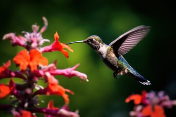 Fototapeta na wymiar hummingbird flying and feeding on flower nectar with blurry background. 3:2 aspect ratio. Generative AI