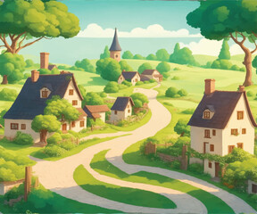 Naklejka premium charming and picturesque vector illustration of a peaceful countryside village, complete with cozy houses, winding pathways, and lush greenery