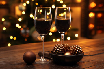 Christmas and New Year celebration champagne and black chocolate candies, mandarines, oranges, toasting on beautiful new year's night snow covering table, with fireworks, AI Generative
