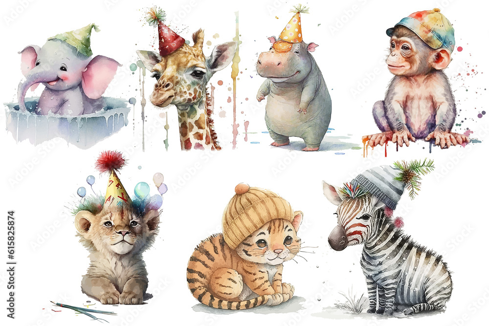 Wall mural Safari Animal set Elephant, zebra, monkey, hippopotamus, lion, giraffe, tiger with a festive cap on his head in watercolor style. Isolated vector illustration