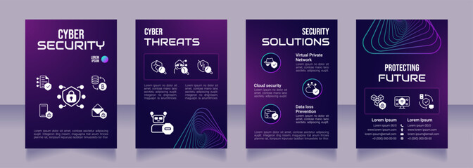 Cyber security purple premade brochure template. Cybersecurity threats. Information safety booklet design with icons, copy space. Editable 4 layouts. Bebas Neue, Audiowide, Roboto Light fonts used