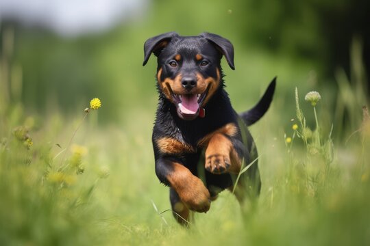 happy rottweiler puppy jumping on grass in summer. Generative AI