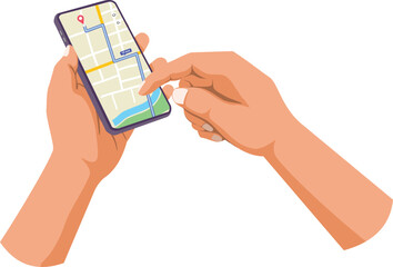 Hand touch smartphone screen and hold mobile phone with apps for navigation or searching route on map or GPS. Flat vector illustration