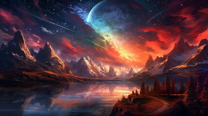 sunset over a mountain lake with mountains in the background in red and dark colors, in the style of bright fantasy landscapes, background with an epic landscape. ai generative