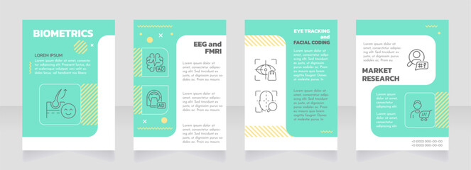 Biometrics green premade brochure template. Decision making. Consumer neuroscience. Neuromarketing research booklet design with icons, copy space. Editable 4 layouts. Josefin Sans, Kanit fonts used