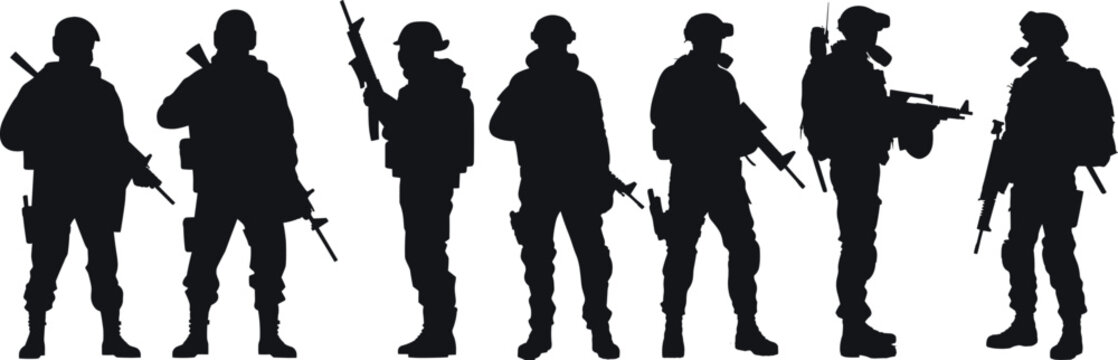 Set of Army Soldier Silhouettes on white background, soldiers with sniper rifle on duty vector silhouette, Jawaan black silhouettes collection 