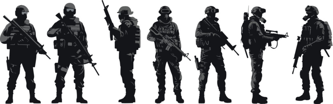 Army soldiers with sniper rifle on duty vector silhouette on whote background, Jawan black silhouettes collection