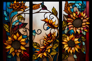 background in the technique of vintage stained glass with sunflower motifs, multi-colored stained glass with sunflowers divided into three sections, generative ai