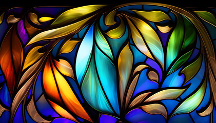 Fototapeta premium background in the technique of vintage stained glass with leaf motifs, multi-colored stained glass with plants, generative ai
