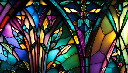background in the technique of vintage stained glass with leaf motifs, multi-colored stained glass with plants, generative ai