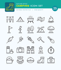 Set of Camping Icon Outline Style. Tent, Fire, Cook, Nature.