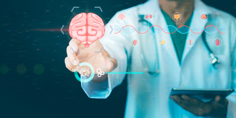Doctors use technology smart AI, artificial intelligence medical records on virtual screens, Brain...