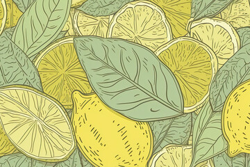 Yellow lemon with green leaves, lemon slice pattern, wallpaper citrus yellow and green, green leaves, wallpaper, wall art design, Generative Ai