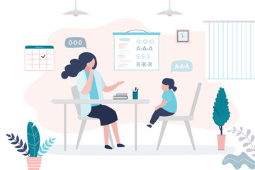 Voice pronouncing lesson. Speech therapist consultation, didactic aids treatment specialist, logopedist help. Female teacher and small girl talking, doctor counseling patient.