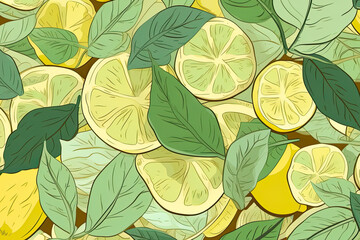Yellow lemon with green leaves, lemon slice pattern, wallpaper citrus yellow and green, green leaves, Generative Ai