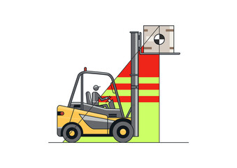 Forklift instability with a raised load. The height of the load placement and the stability of the forklift. Safety concept vector illustration.