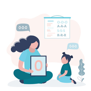 Voice pronouncing lesson. Speech therapist consultation, didactic aids treatment specialist, logopedist help. Female teacher and small girl talking, doctor counseling patient