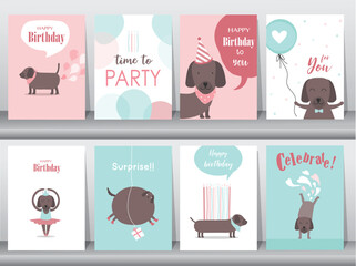 Set of birthday cards,poster,invitation,template,greeting cards,animals,dog,cute,Vector illustrations. - 615827000