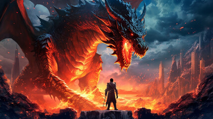 Fire breaths explode from a giant dragon in a black night, the epic battle evil concept art. ai generative.