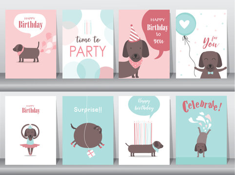 Set of birthday cards,poster,invitation,template,greeting cards,animals,dog,cute,Vector illustrations.