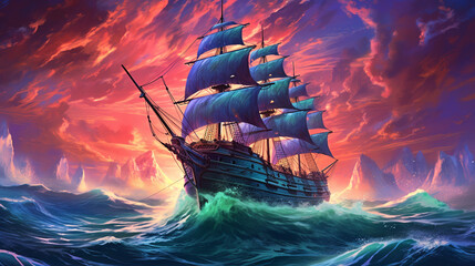 Fototapeta na wymiar a ship with sails sailing in the sea or ocean, background in the style of bright fantasy landscapes. ai generative