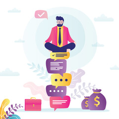 Happy businessman sits on pile of speech bubbles in lotus position. Confident entrepreneur after long and successful negotiations. Manager negotiator reached his goal