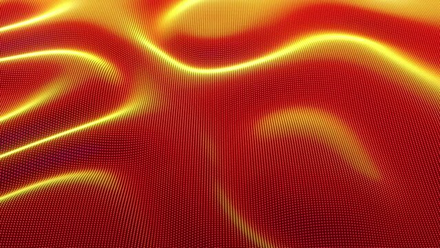 Fire red 3D soundwaves in motion. Privacy and data protection, artificial intelligence or digital data abstract concept. Flowing waves of digital data. Pixels on surface of sound waves, seamless loop