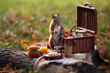 squirrel setting up a picnic, fantasy illustration, generated with ai - obrazy, fototapety, plakaty