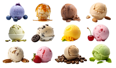 Ice cream scoop ball with fruits toppings on transparent background cutout. PNG file. Many assorted different flavour Mockup template for artwork design.
