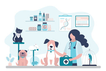 Veterinary clinic, vaccination, health care for pets. Woman veterinarian doctor examines various animals. Vet clinic, animal care, pet medical treatment