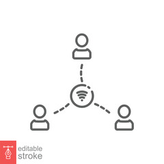 People connection icon. Simple outline style. Three people linked by line, online team, technology concept. Thin line symbol. Vector illustration isolated on white background. Editable stroke EPS 10.
