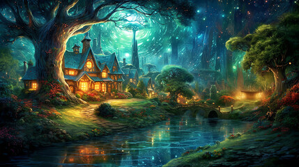 Fototapeta na wymiar a small fabulous sparkling house in a magical forest, background in the style of bright fantastic landscapes. ai generative