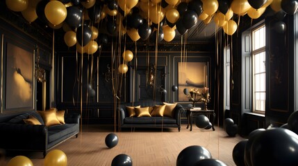 Black and Golden balloons filled with gas levitating in black interior room, Modern black interior with black sofas and golden pillows, Special Celebration background