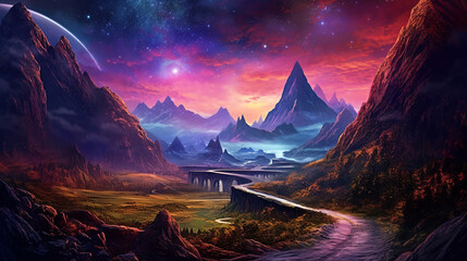 mountains with a winding road through the valley, in the style of bright fantasy scenery, background with an epic landscape. ai generative