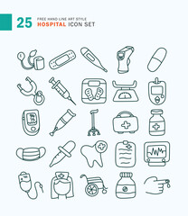 Set of Hospital icons freehand line art style. Medicine, Medical tools, Mask, Vaccine.