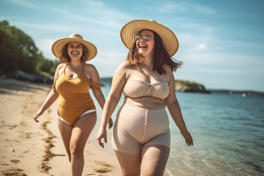 Happy plus size women having fun walking on the beach during summer vacations