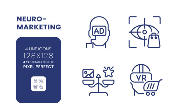 Neuromarketing linear desktop icons set. Consumer neuroscience. Advertising message. Pixel perfect 128x128, outline 4px. Isolated user interface elements pack for website. Editable stroke