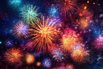 Abstract holiday colorful fireworks in night sky background. AI generative