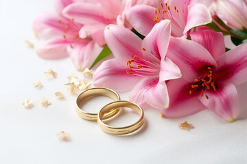 pink flowers and two golden wedding rings on white surface