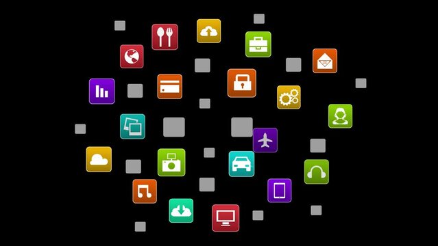Digital Applications Network Motion Graphic. Apps icon Pop up Animation isolated on black background. Alpha channel 