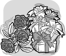 Present box with ribbon bow decorated with flowers for birthday gift, sale promotion, valentines or mothers day card, poster print. Hand drawn cartoon style illustration. Line vector drawing.