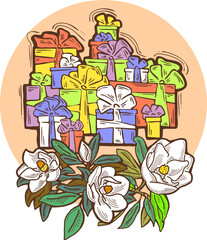 Present box with ribbon bow decorated with flowers for birthday gift, sale promotion, valentines or mothers day card, poster print. Hand drawn cartoon style illustration. Line vector drawing.