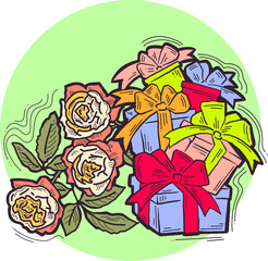 Present box with ribbon bow decorated with flowers for birthday gift, sale promotion, valentines or mothers day card, poster print. Hand drawn cartoon style illustration. Line vector drawing.